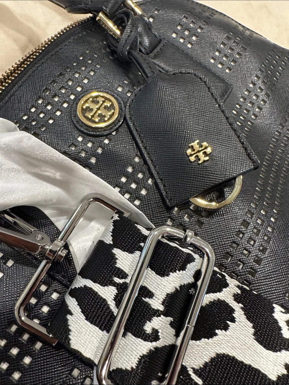 Tory Burch Bag Robinson Black Leather Perforated Dome Top Handle Bag